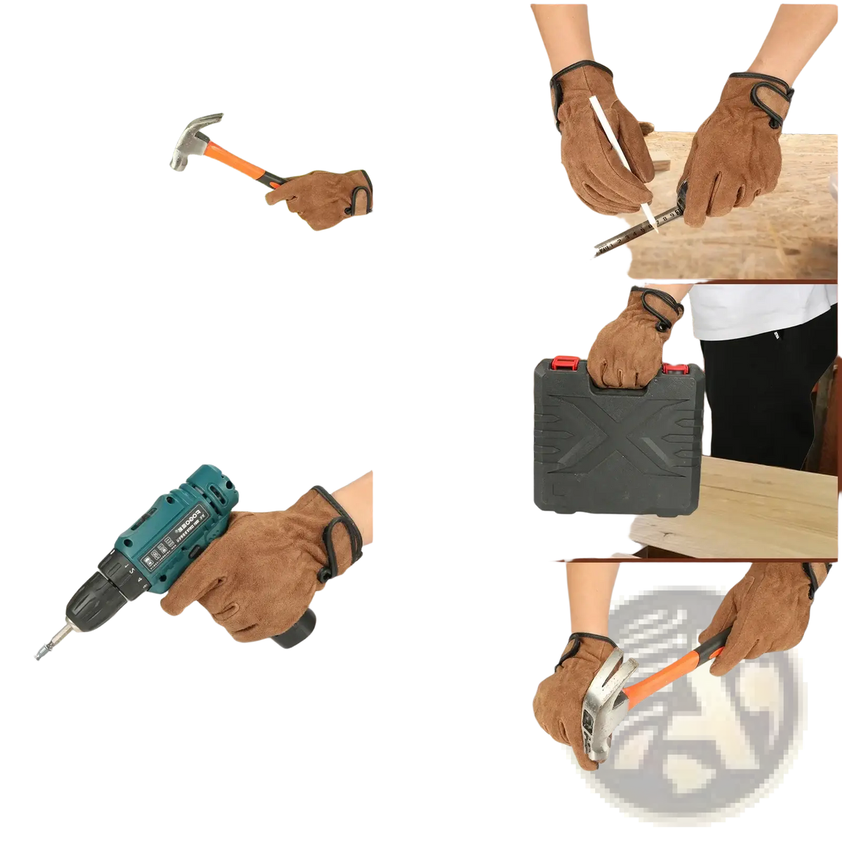 Teal and black cordless drill with textured grip shown alongside heavy duty suede work gloves for men