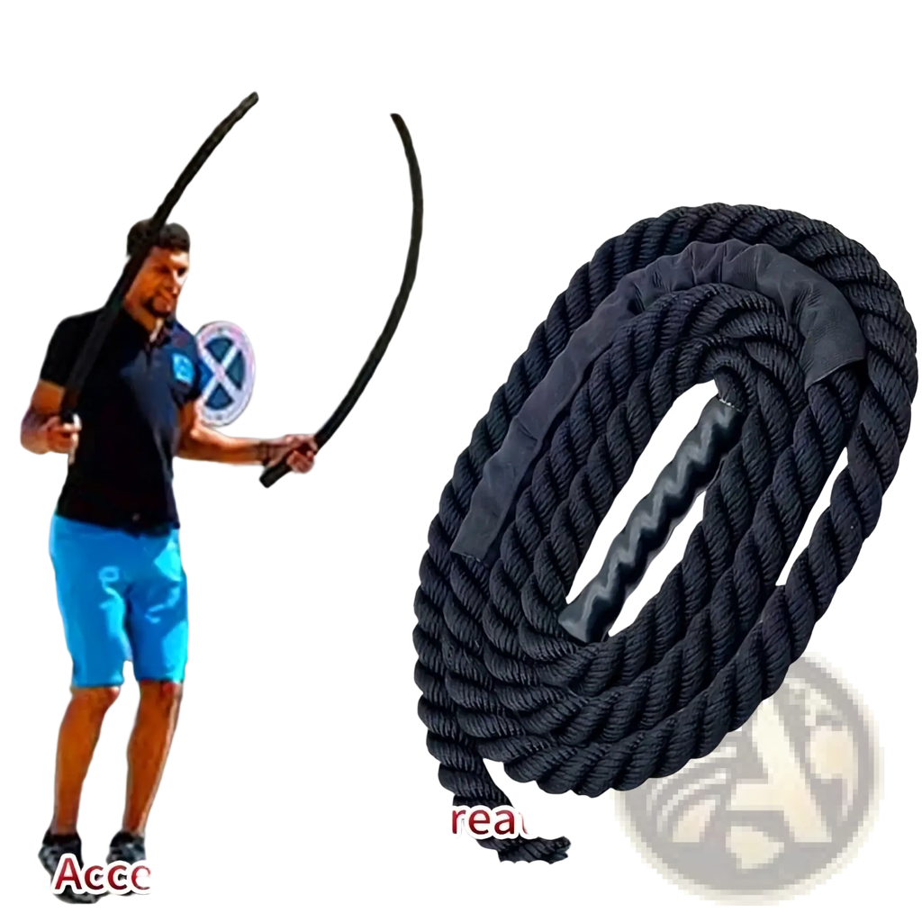 Black heavy weighted jump rope with thick braided rope and reinforced handles for strength training