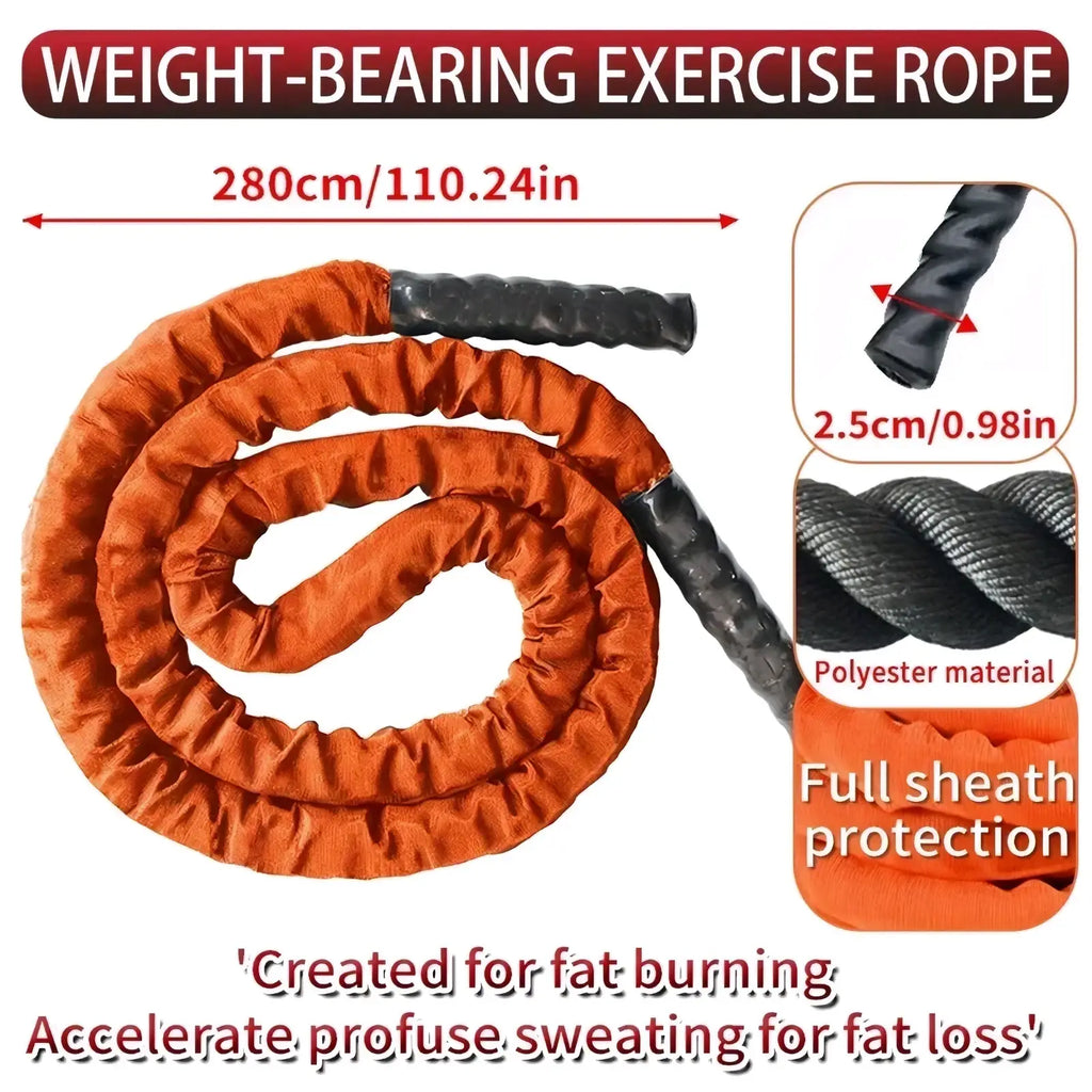 Heavy weighted jump rope in orange polyester with black handles designed for strength training and full sheath protection