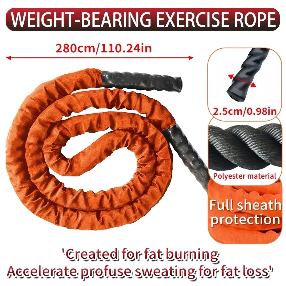 Heavy weighted jump rope in orange polyester with black handles designed for strength training and full sheath protection