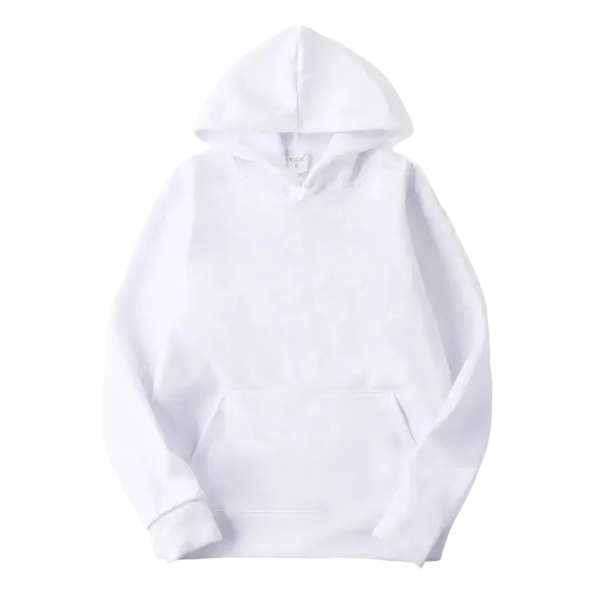 White heavyweight fleece hooded pullover sweatshirt with soft plain fabric and front pouch pockets