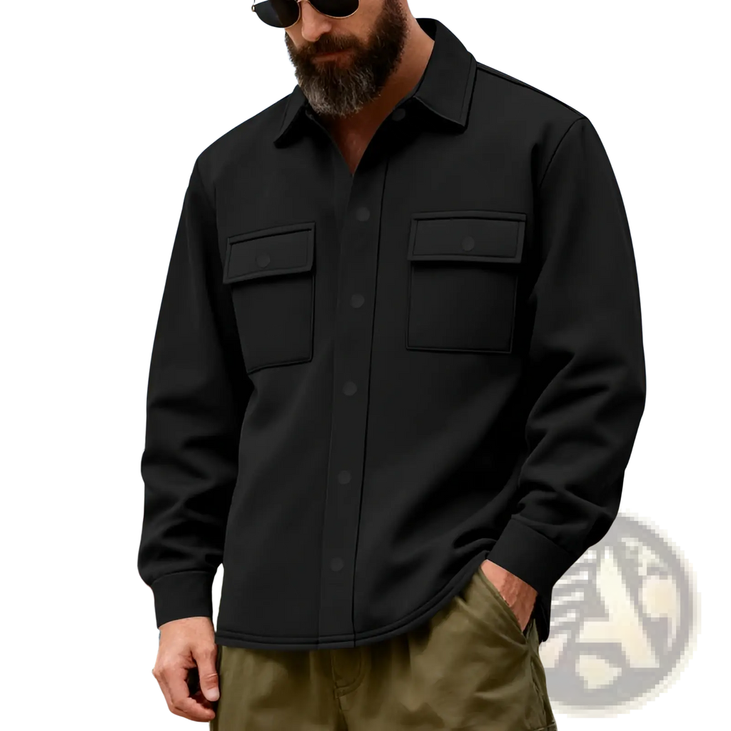 Black button-up heavyweight fleece lined men’s work jacket with two chest pockets and a collar