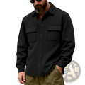 Black button-up heavyweight fleece lined men’s work jacket with two chest pockets and a collar