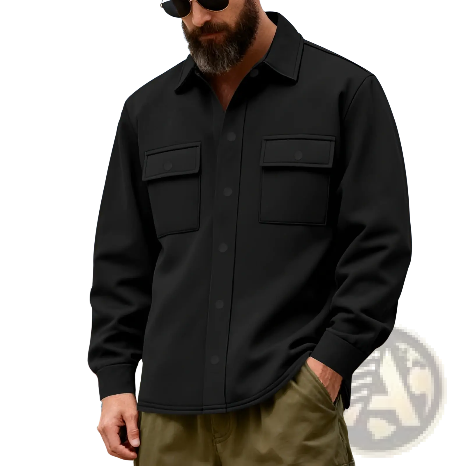 Black button-up heavyweight fleece lined men’s work jacket with two chest pockets and a collar