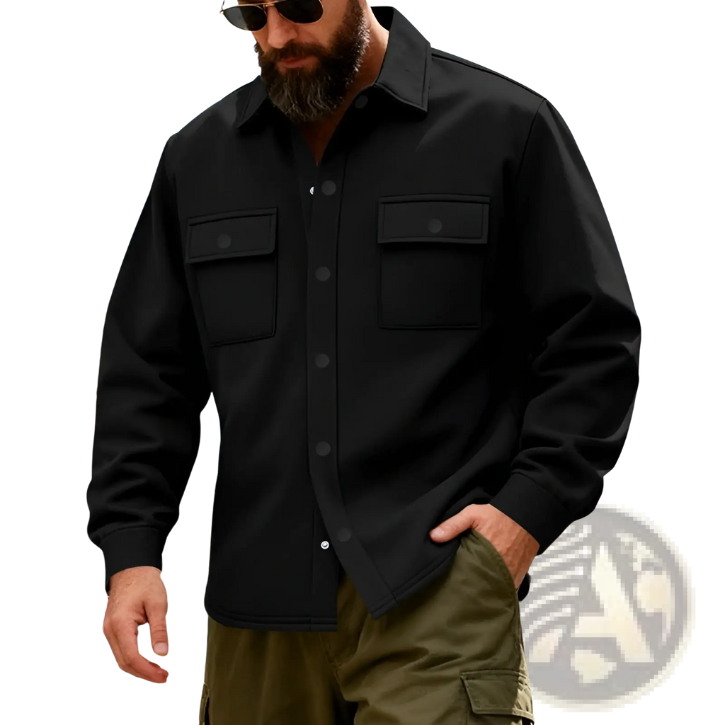 Black heavyweight fleece lined men’s work jacket with collar and two chest pockets button-up shirt style