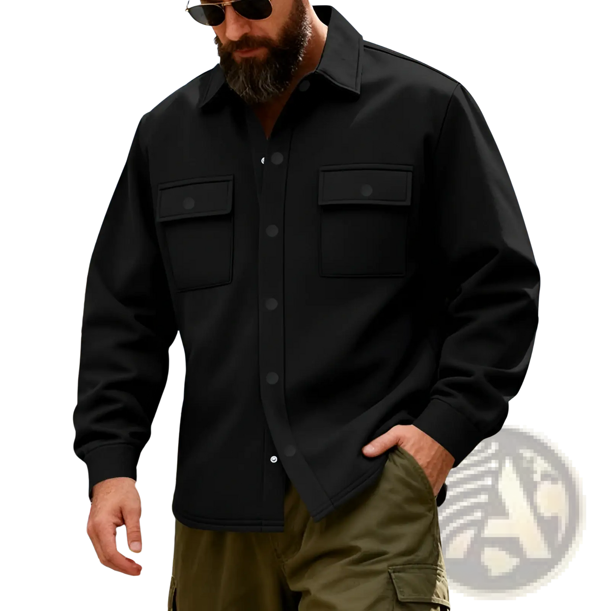 Black heavyweight fleece lined men’s work jacket with collar and two chest pockets button-up shirt style