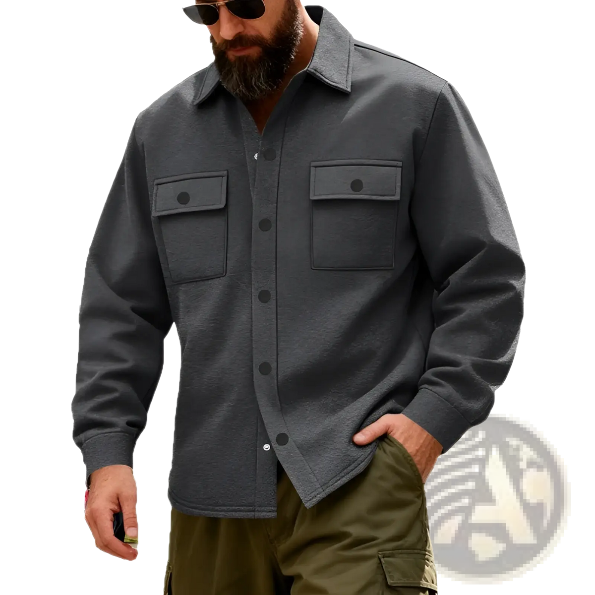Dark gray heavyweight fleece lined men’s work jacket with long sleeves, button-up front, collar, and two chest pockets