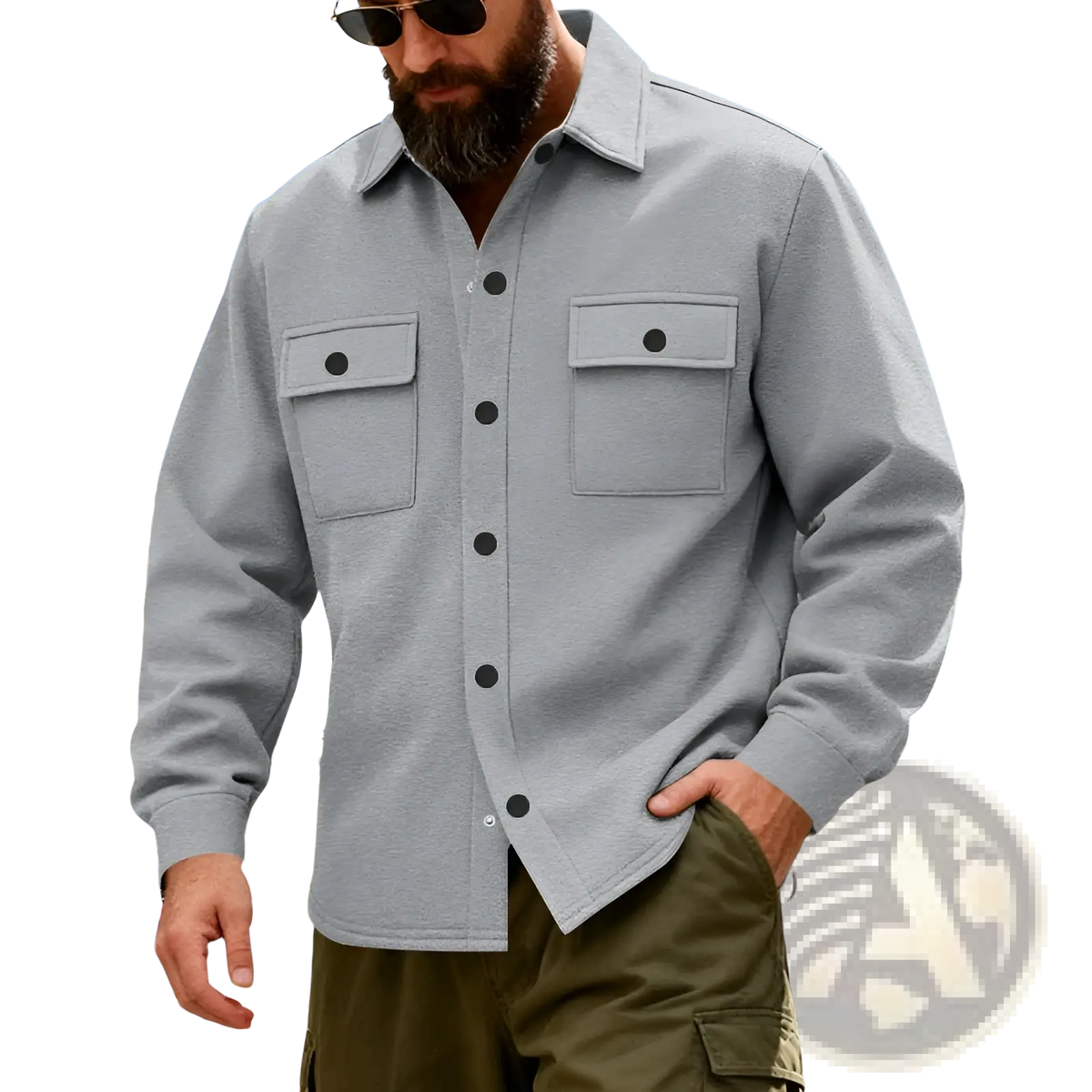 A man wearing a gray heavyweight fleece lined men’s work jacket with black buttons and two chest pockets