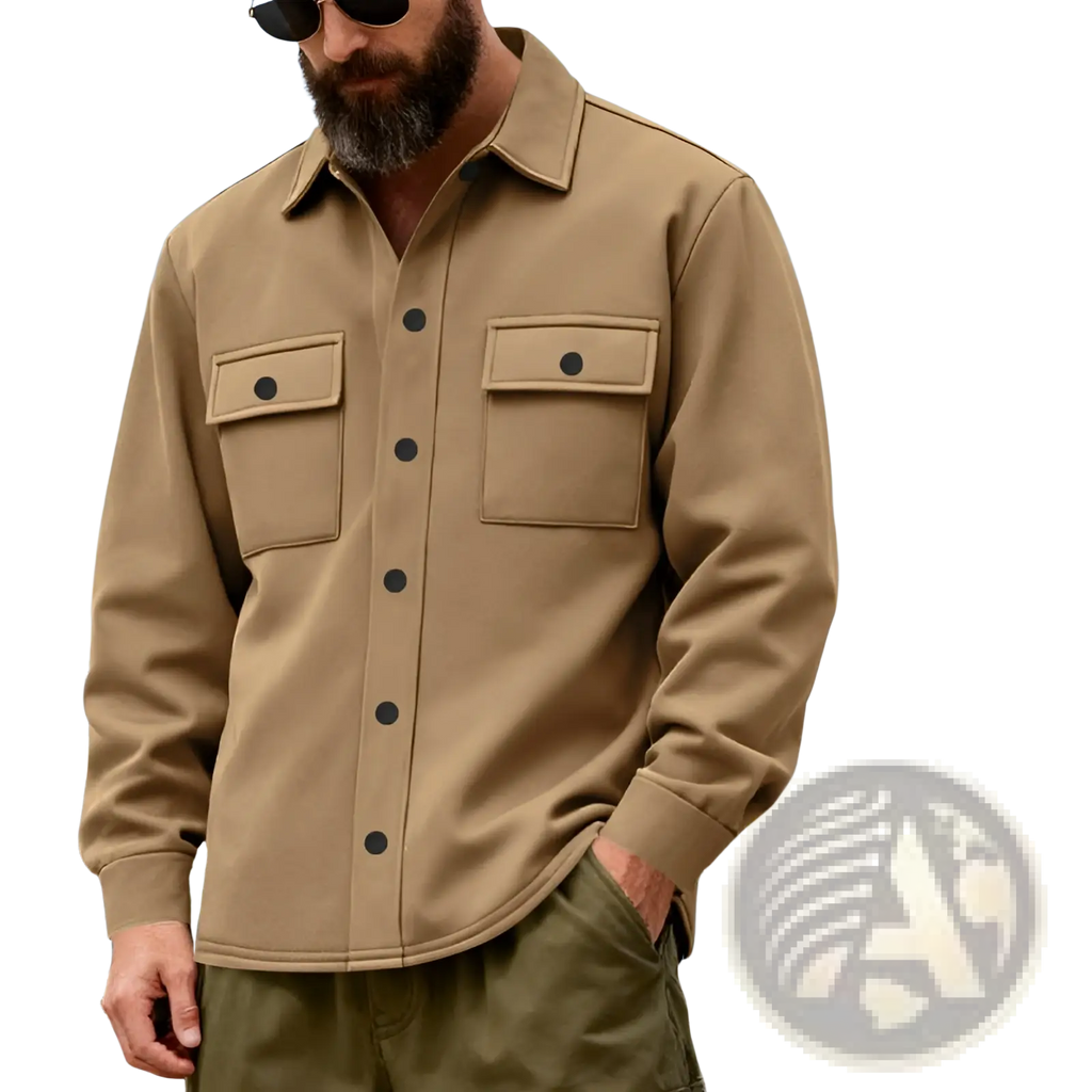 Heavyweight fleece lined men’s work jacket in tan corduroy with black buttons and two chest pockets