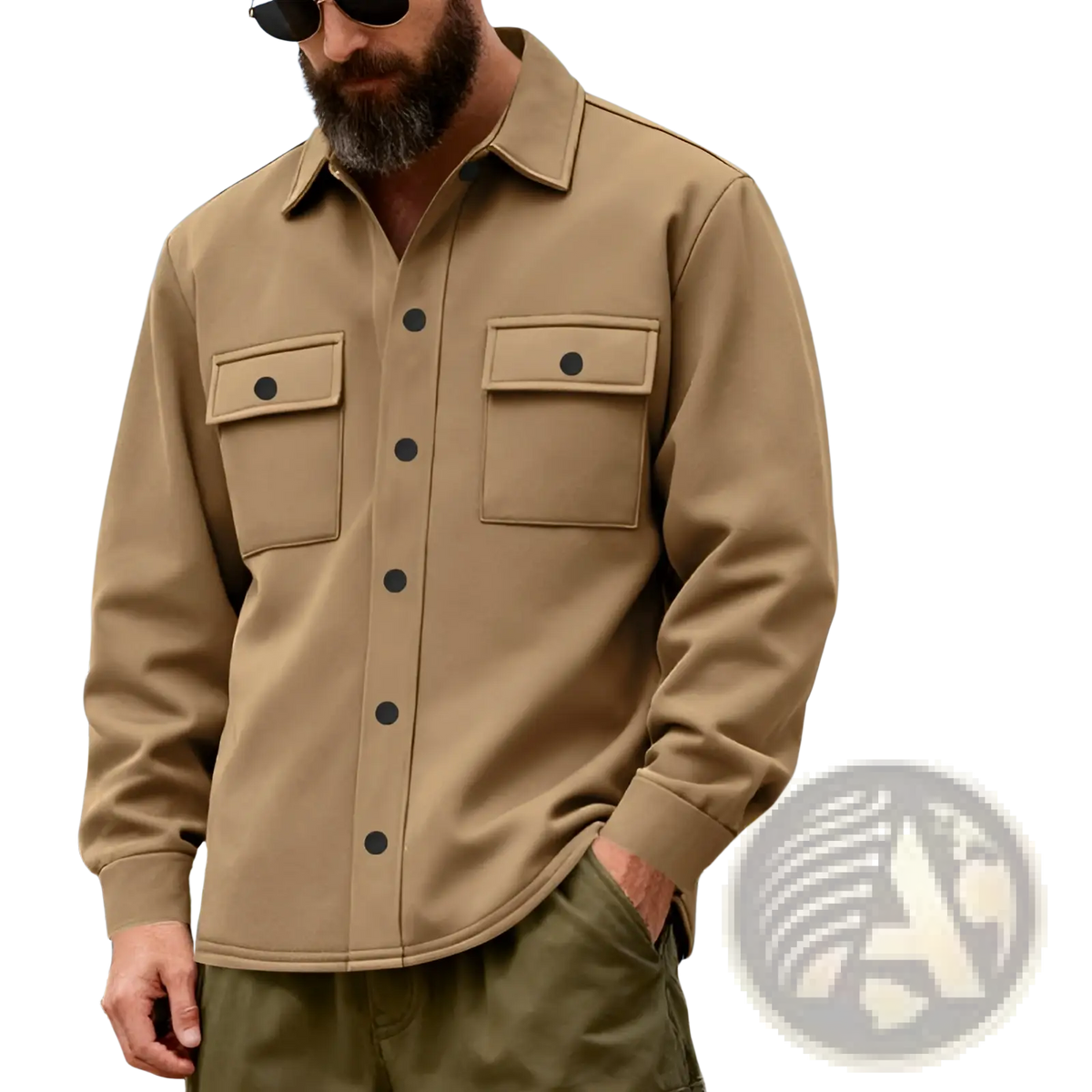 Heavyweight fleece lined men’s work jacket in tan corduroy with black buttons and two chest pockets