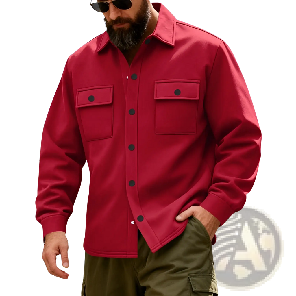 A vibrant red heavyweight fleece lined men’s work jacket with long sleeves, button-up front, and chest pockets