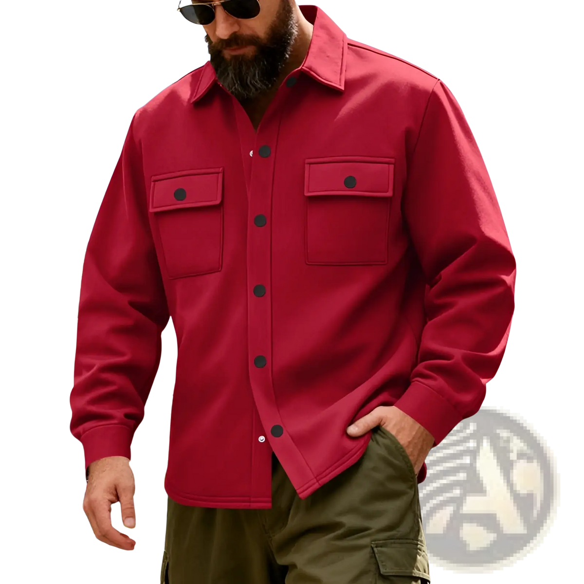 A vibrant red heavyweight fleece lined men’s work jacket with long sleeves, button-up front, and chest pockets