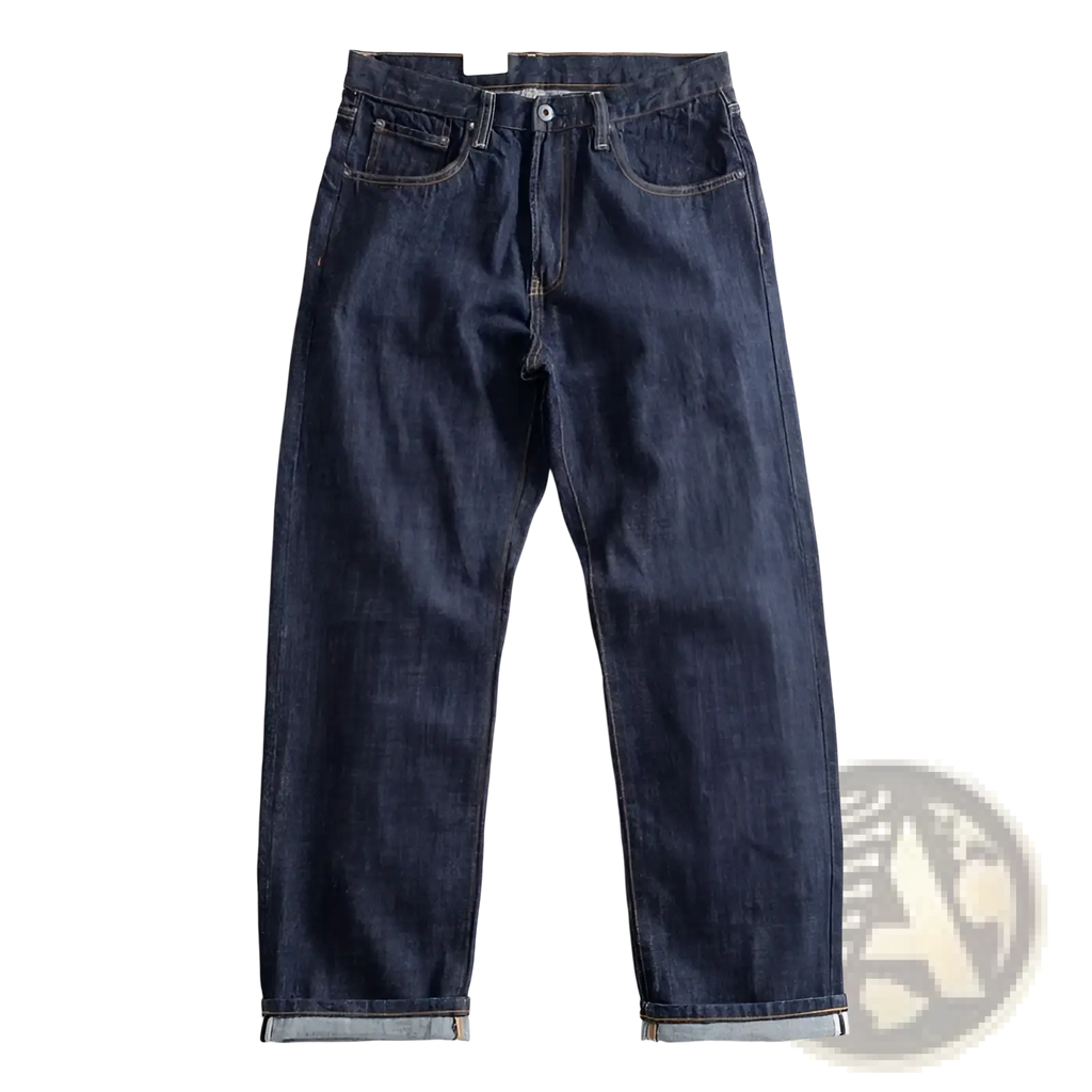 Dark indigo heavyweight red selvedge denim jeans with classic straight-leg cut and rolled cuffs