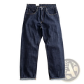 Dark indigo heavyweight red selvedge denim jeans with classic straight-leg cut and rolled cuffs