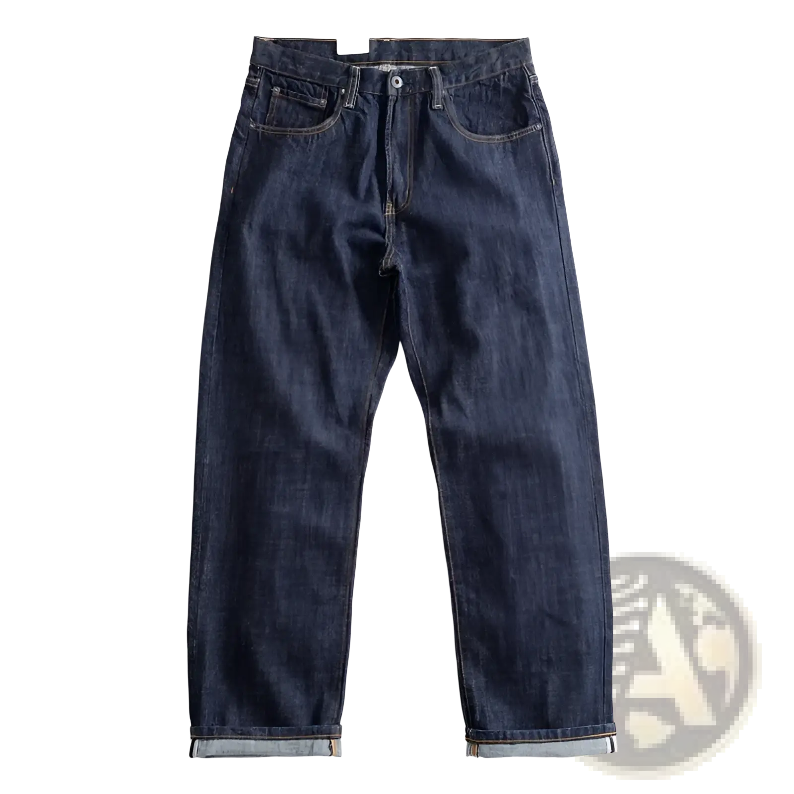 Dark indigo heavyweight red selvedge denim jeans with classic straight-leg cut and rolled cuffs