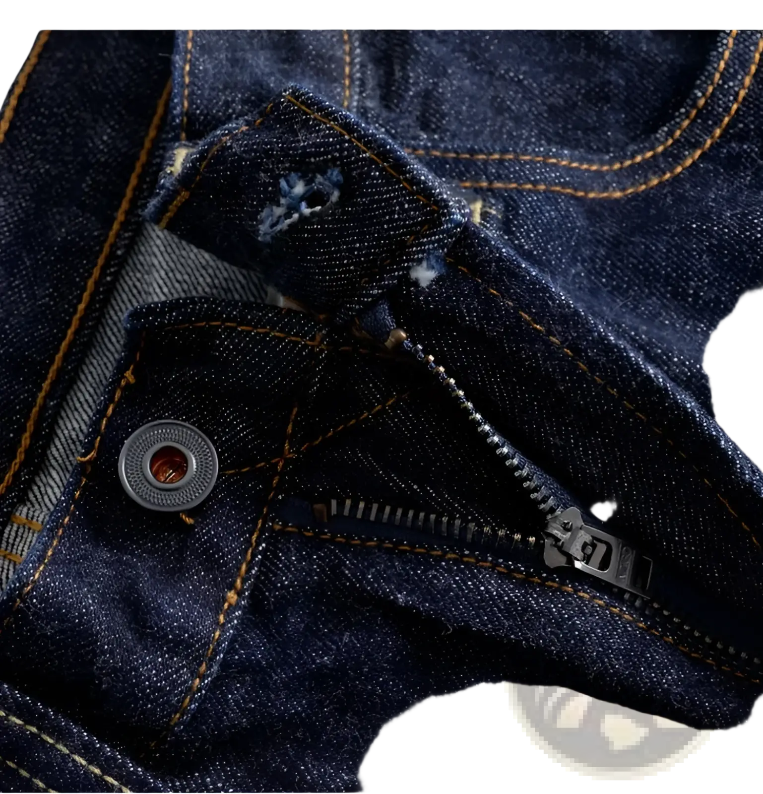 Heavyweight red selvedge denim jeans in dark blue with contrasting yellow stitching and a metallic button detail