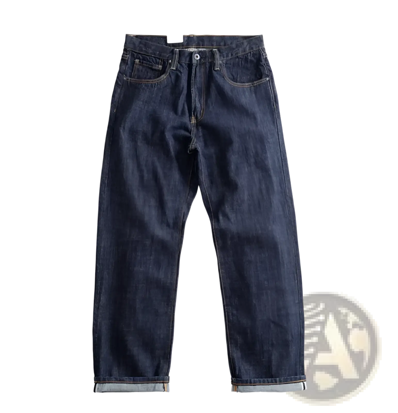 Heavyweight red selvedge denim jeans in dark indigo with classic five-pocket design and rolled cuffs