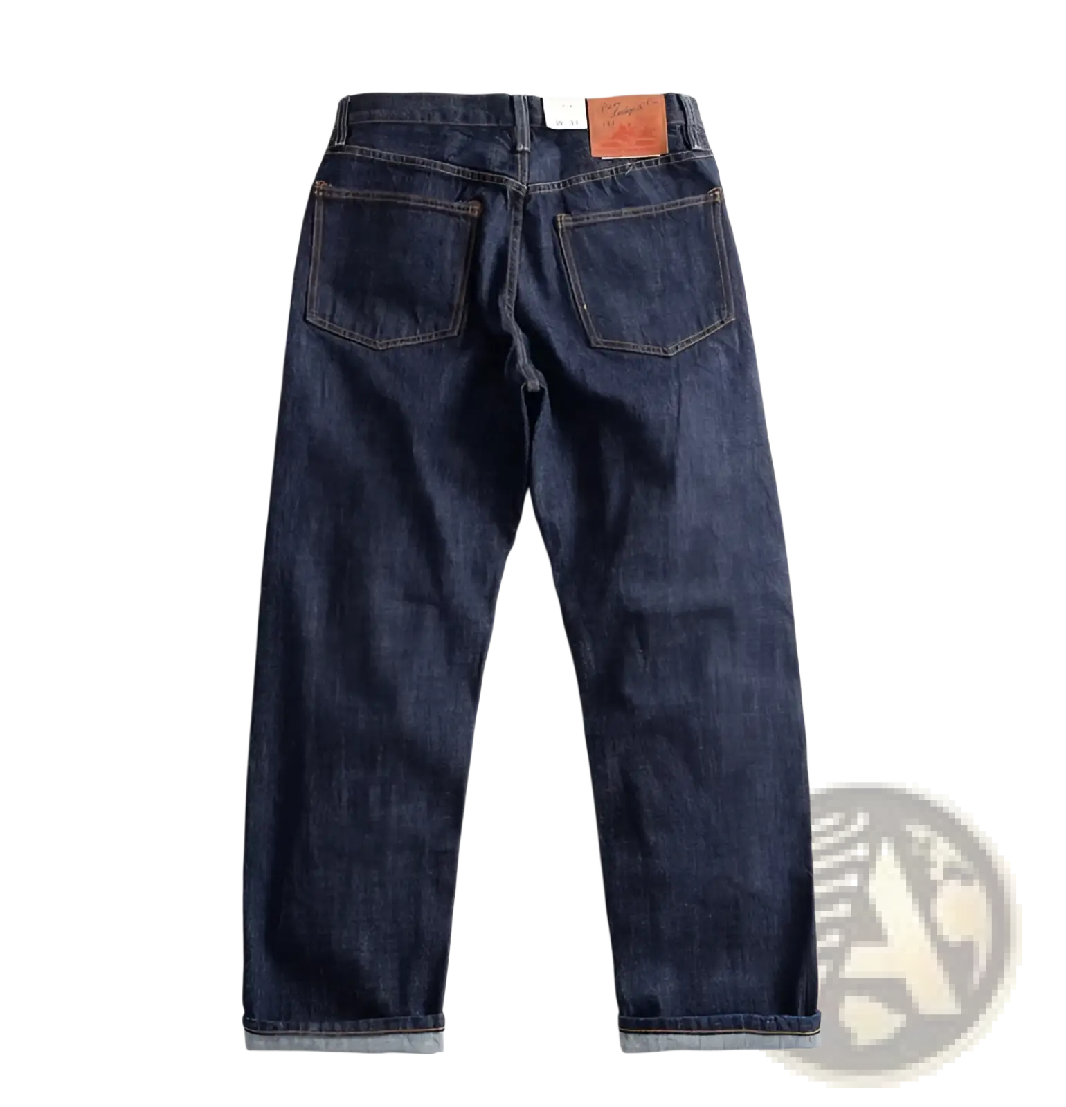 Dark indigo heavyweight red selvedge denim jeans with classic five-pocket design and rolled cuffs