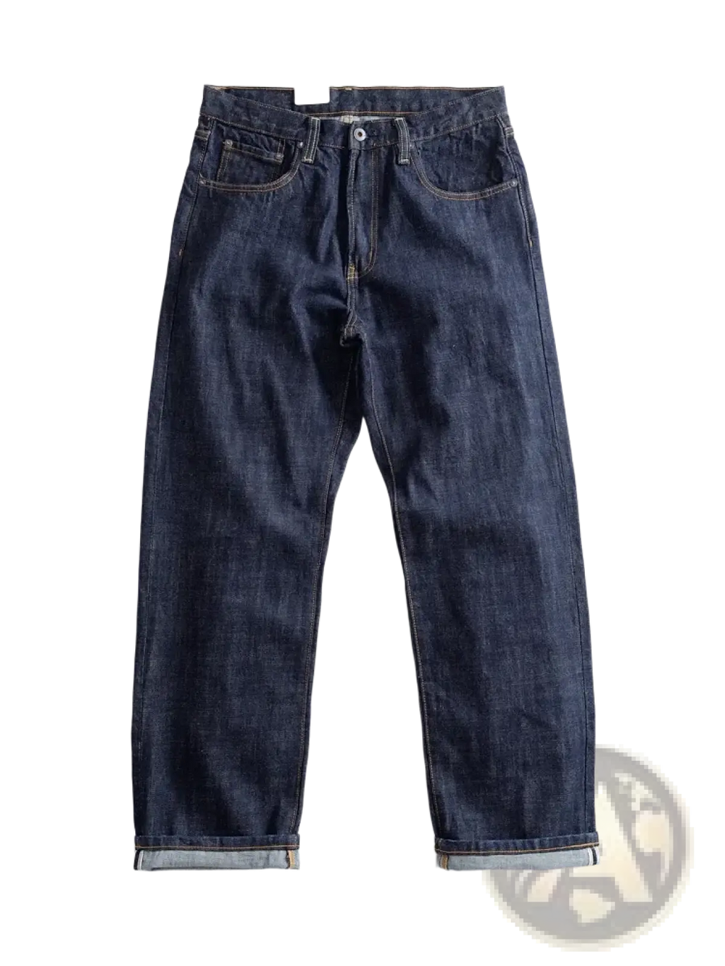 Heavyweight red selvedge denim jeans in dark indigo with classic five-pocket design and rolled cuffs