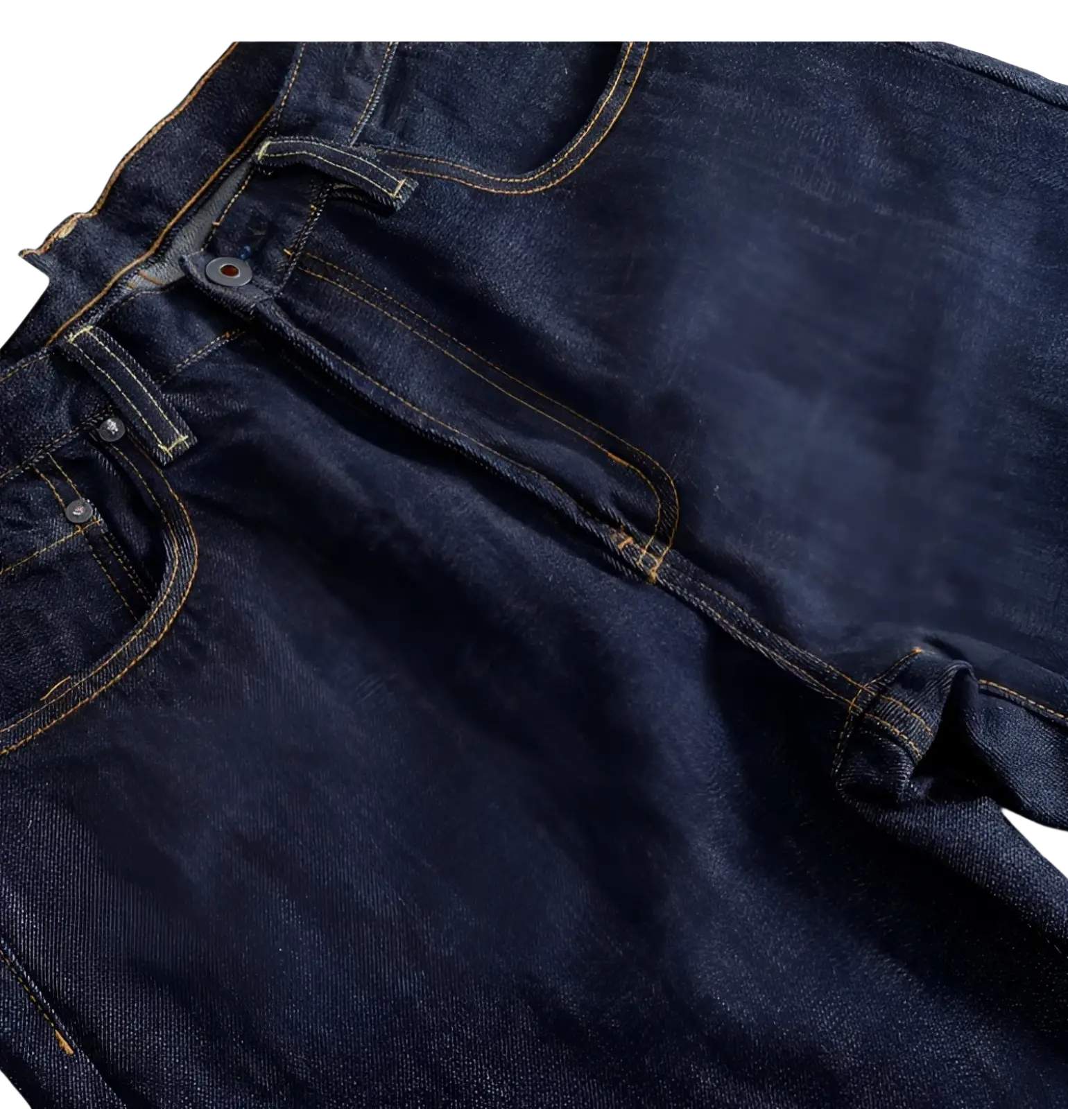 Heavyweight red selvedge denim jeans in dark indigo with contrasting yellow stitching and metal buttons