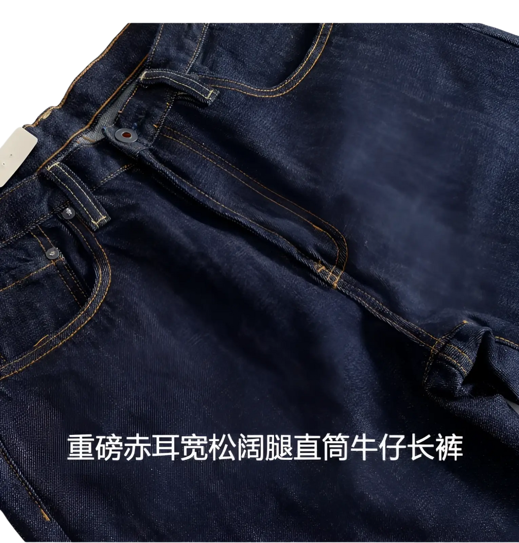 Heavyweight red selvedge denim jeans in dark indigo with contrasting yellow stitching and a classic straight-leg cut