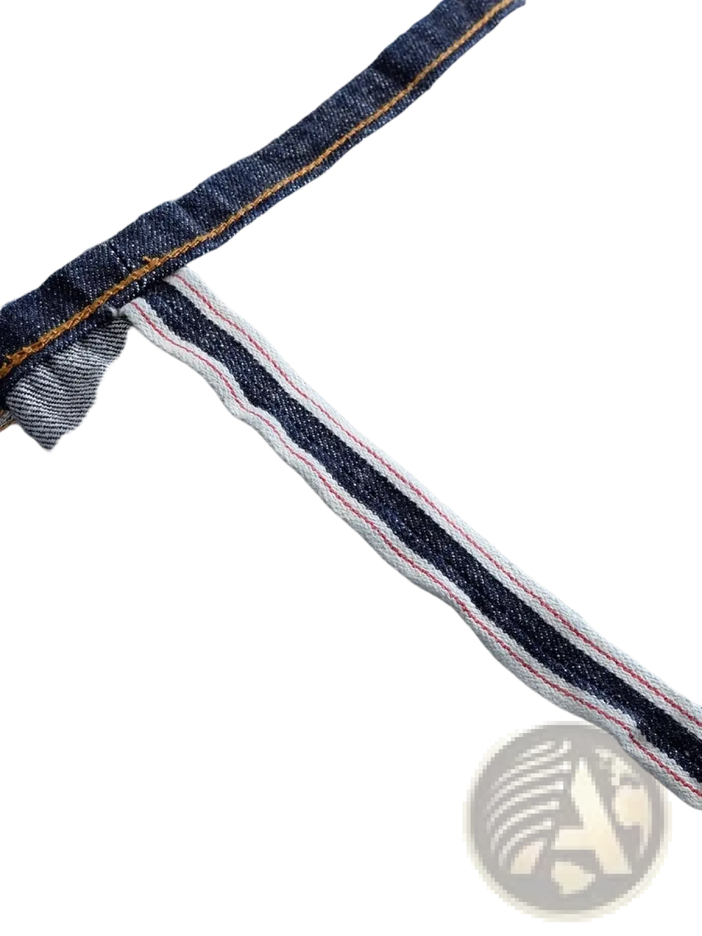Heavyweight red selvedge denim jeans in light-wash denim with contrasting dark blue and red seam stitching