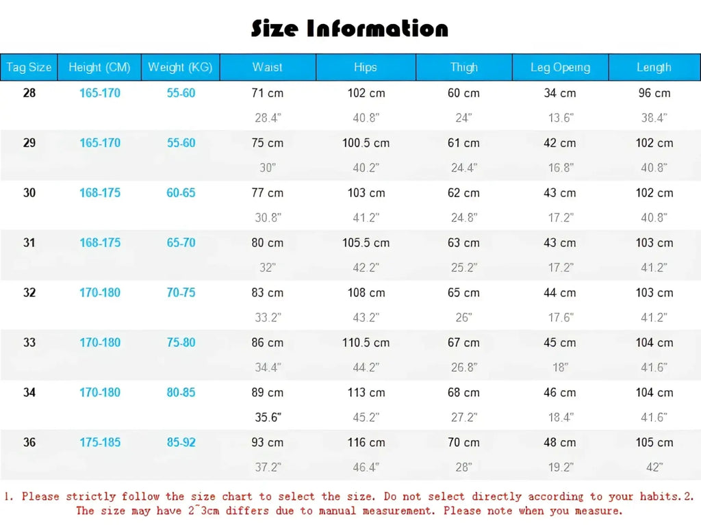 Size information chart for heavyweight red selvedge denim jeans showing measurements in centimeters and inches