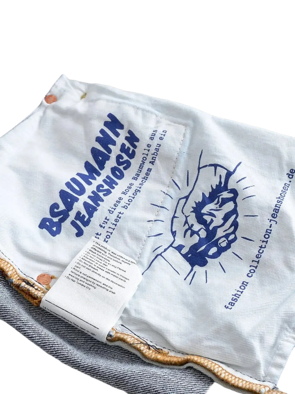 White label with blue text and hand illustration on heavyweight red selvedge dark denim jeans back side