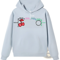 Light blue heavyweight off shoulder cotton blend hoodie with playful red cherry graphic and green moreamore text design