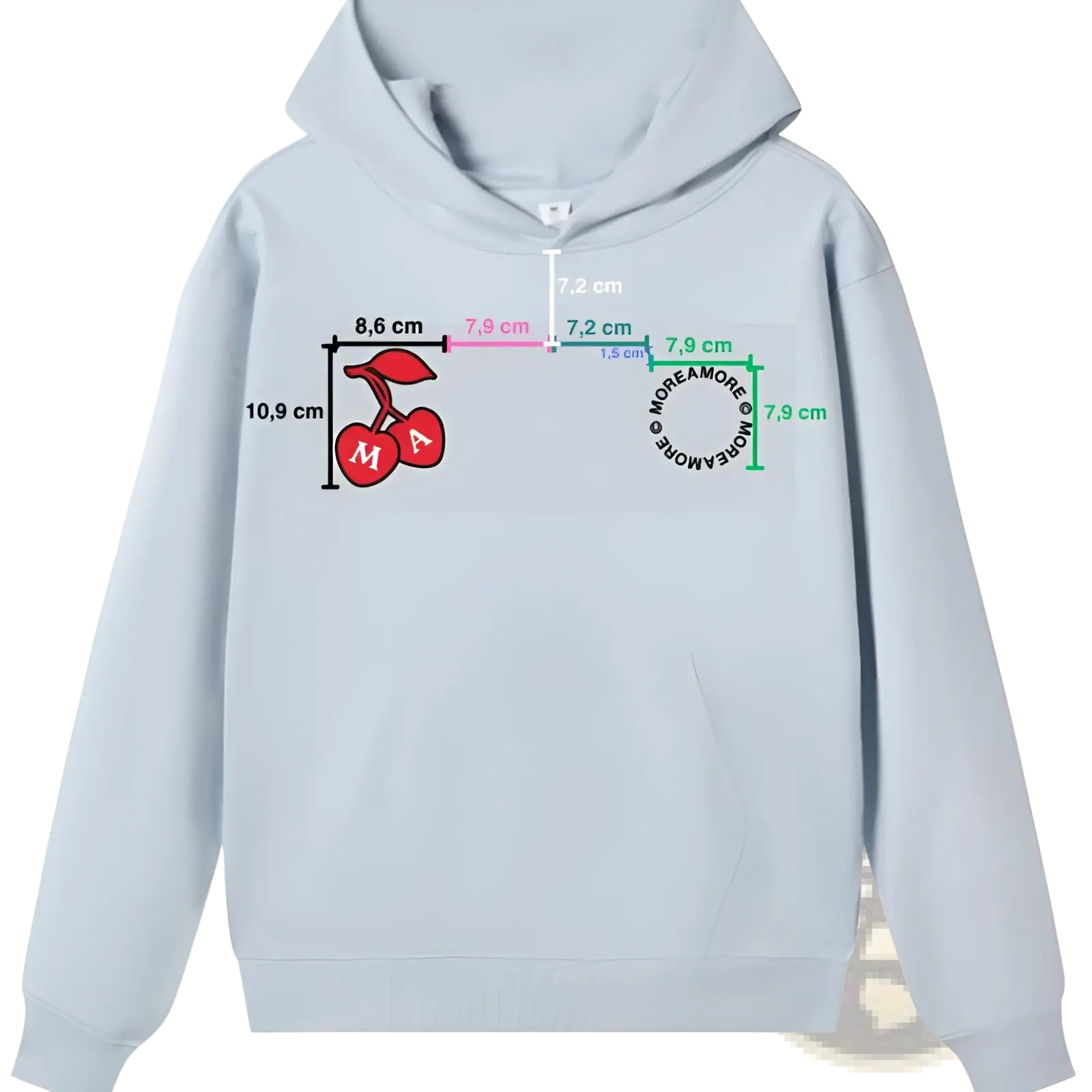 Light blue heavyweight off shoulder cotton blend hoodie with playful red cherry graphic and green moreamore text design