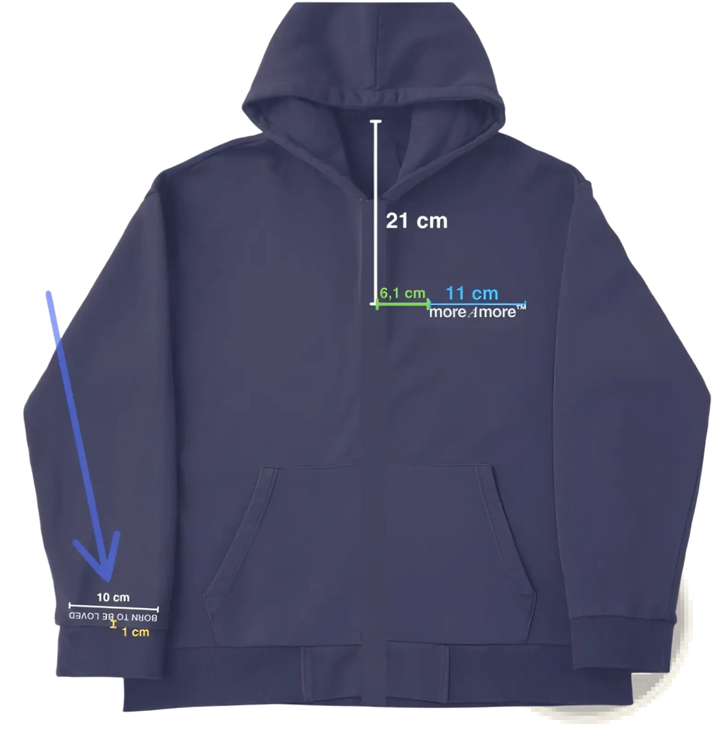 Dark navy blue heavyweight off shoulder graphic cotton blend hoodie with hood, front pockets, and printed text on chest and sleeve