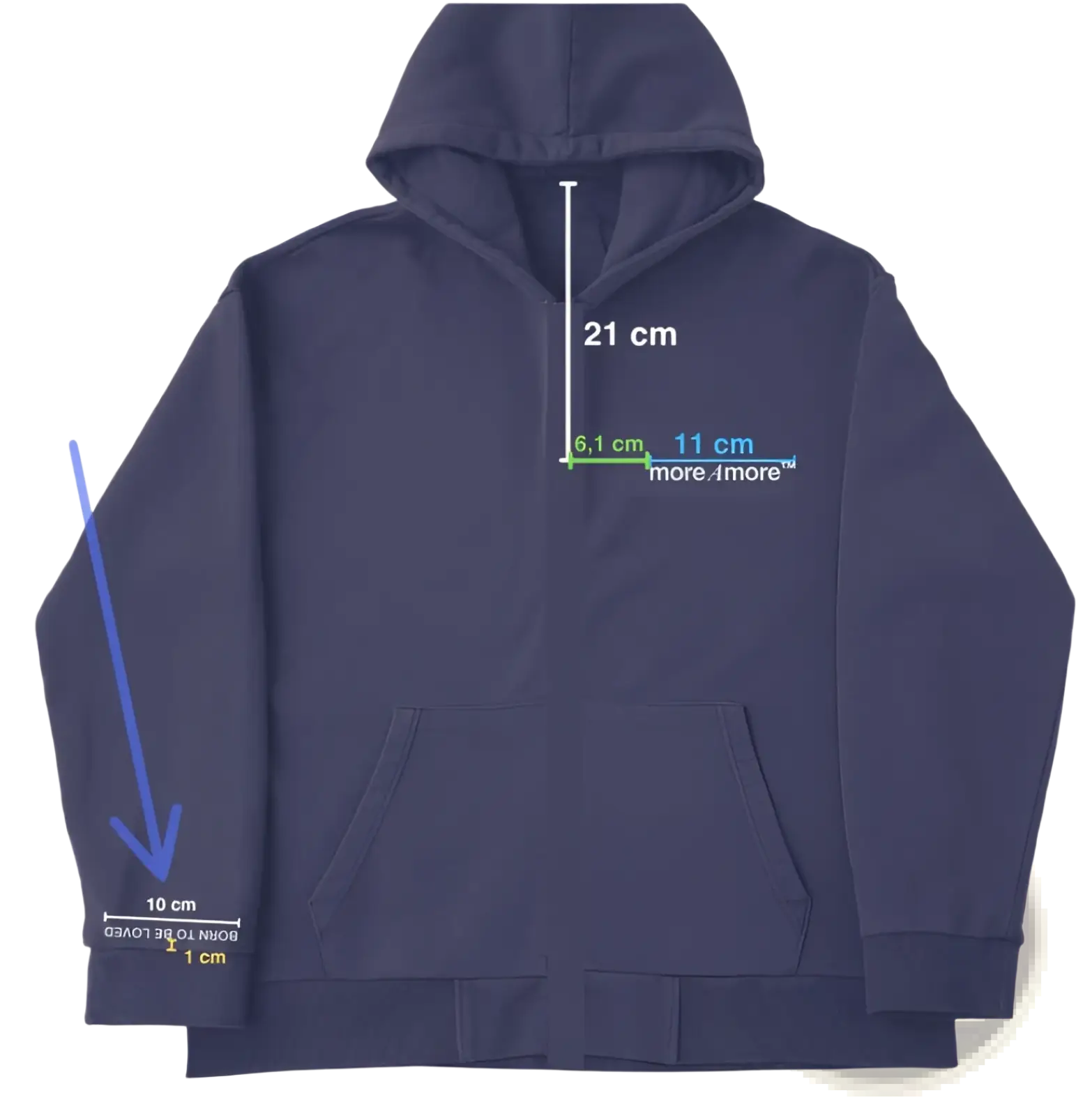 Dark navy blue heavyweight off shoulder graphic cotton blend hoodie with hood, front pockets, and printed text on chest and sleeve
