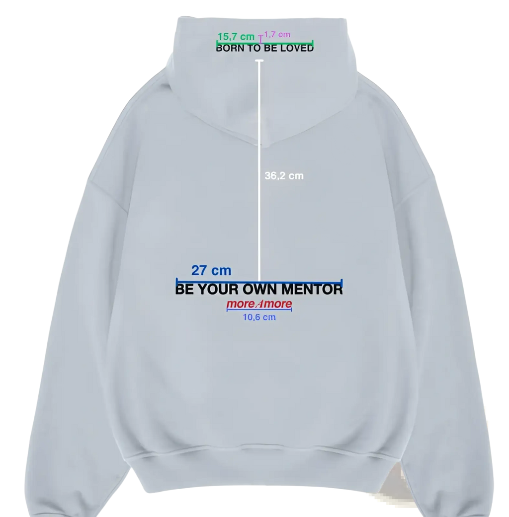 Light gray heavyweight off shoulder cotton blend hoodie with relaxed fit and bold black and blue be your own mentor text on back