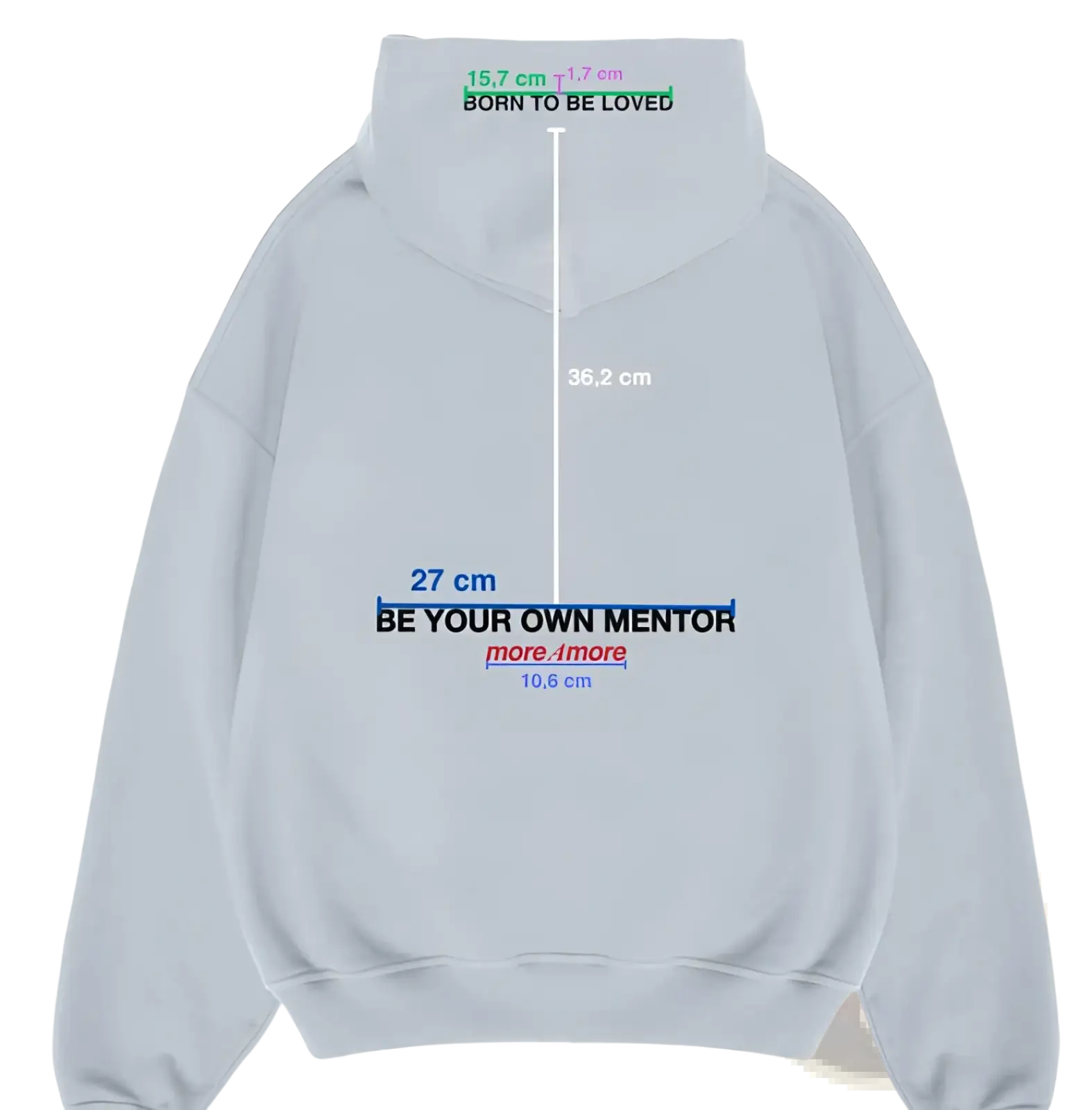 Light gray heavyweight off shoulder cotton blend hoodie with relaxed fit and bold black and blue be your own mentor text on back