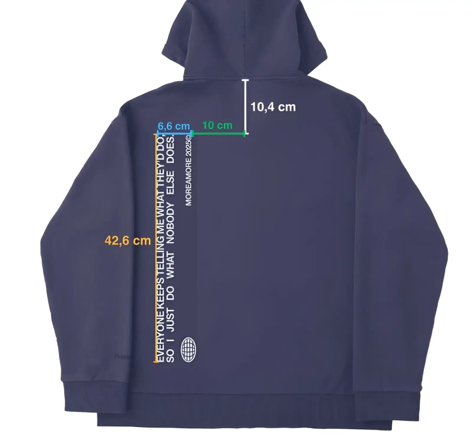 Dark blue heavyweight off shoulder cotton blend hoodie with white text and globe logo on the back side