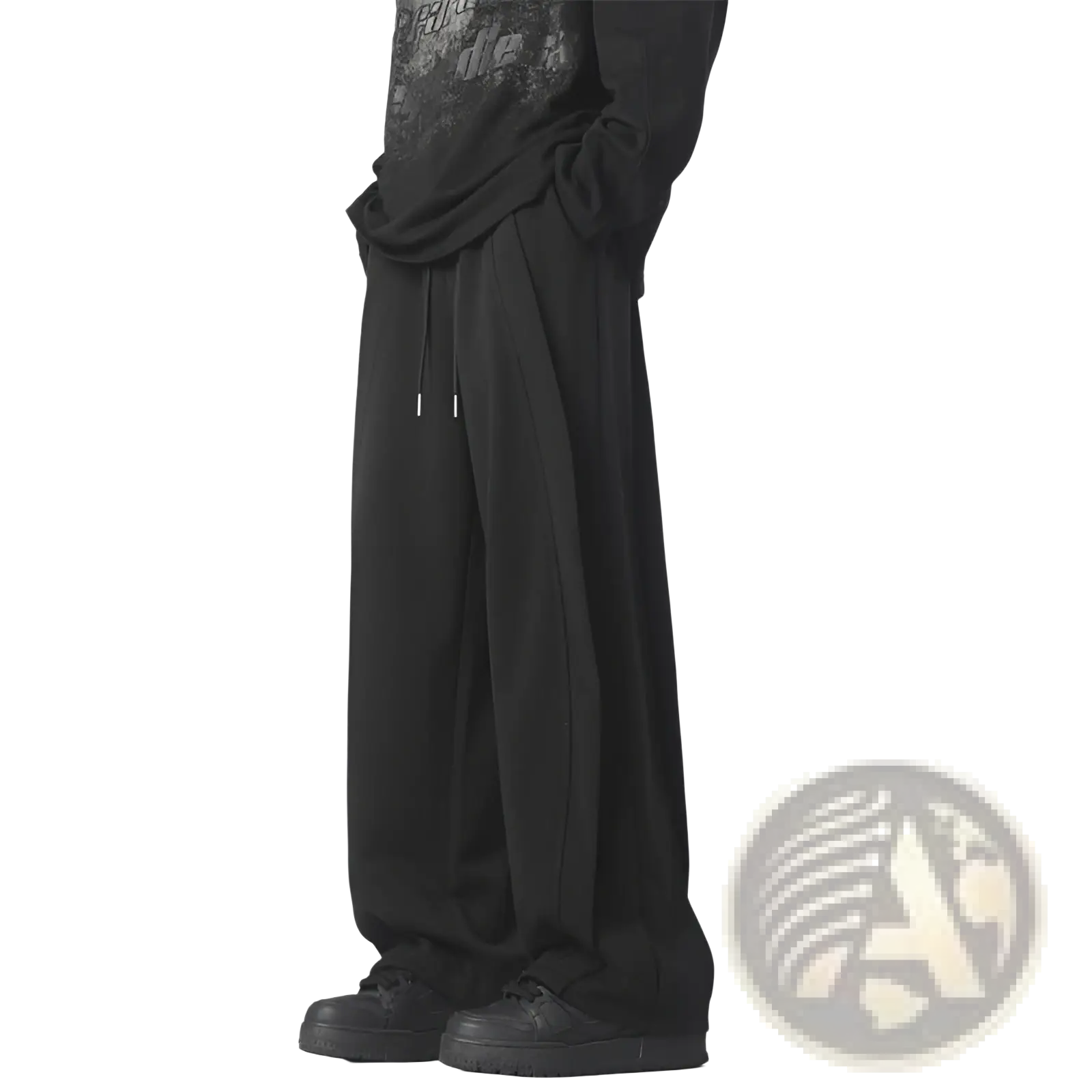 Black heavyweight straight leg sweatpants with a relaxed flowing silhouette and drawstring waist detail
