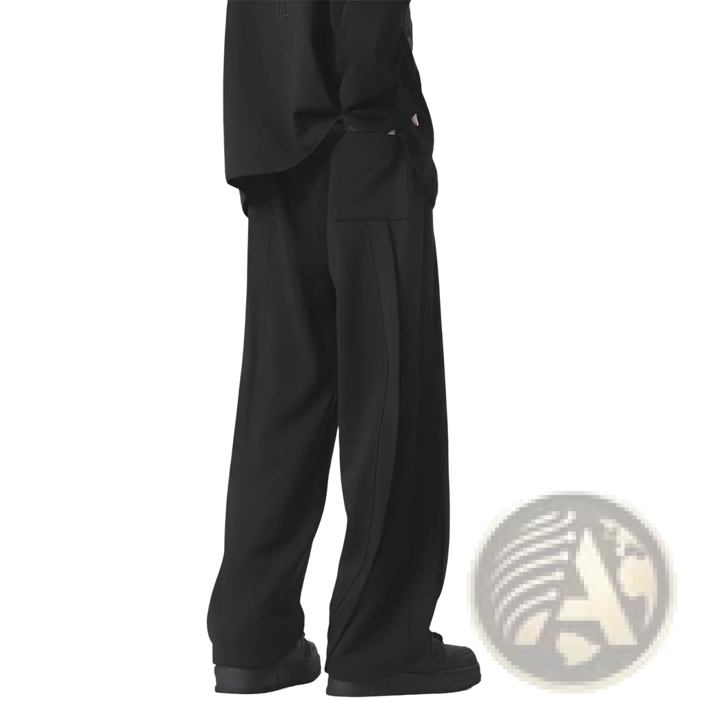 Black heavyweight straight leg sweatpants with a relaxed fit and multiple cargo pockets in a modern style