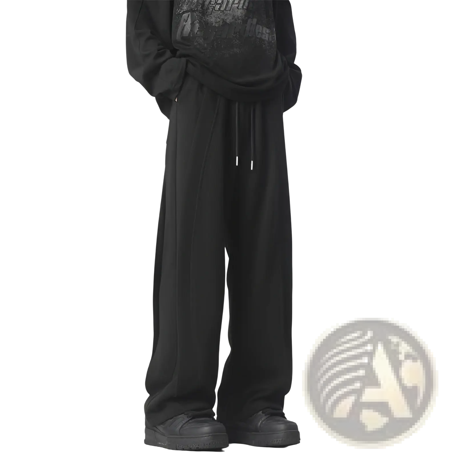 Black heavyweight straight leg sweatpants featuring a drawstring waist and subtle side seam detailing