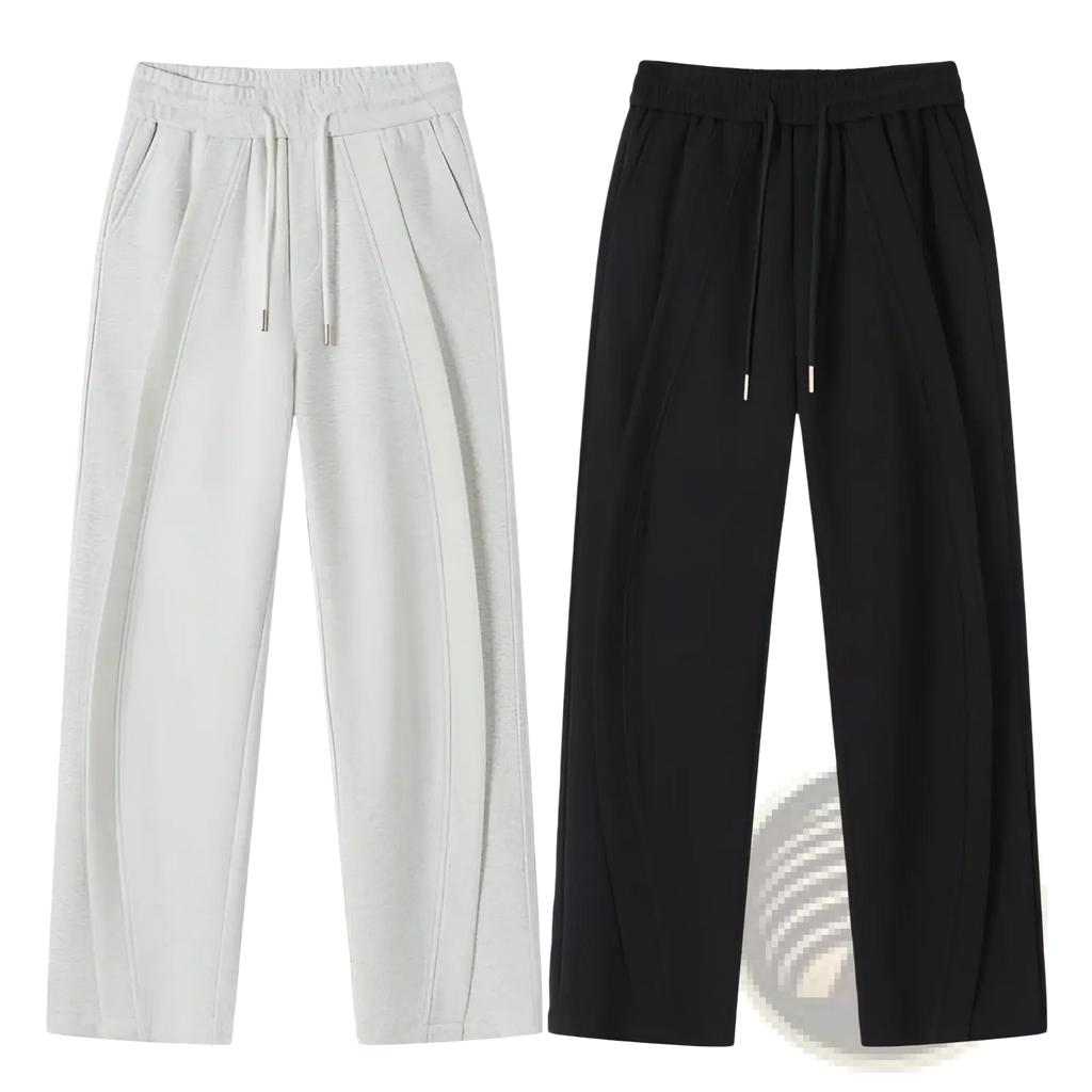 A pair of heavyweight straight leg sweatpants in heather gray and solid black with relaxed fit and drawstring waist