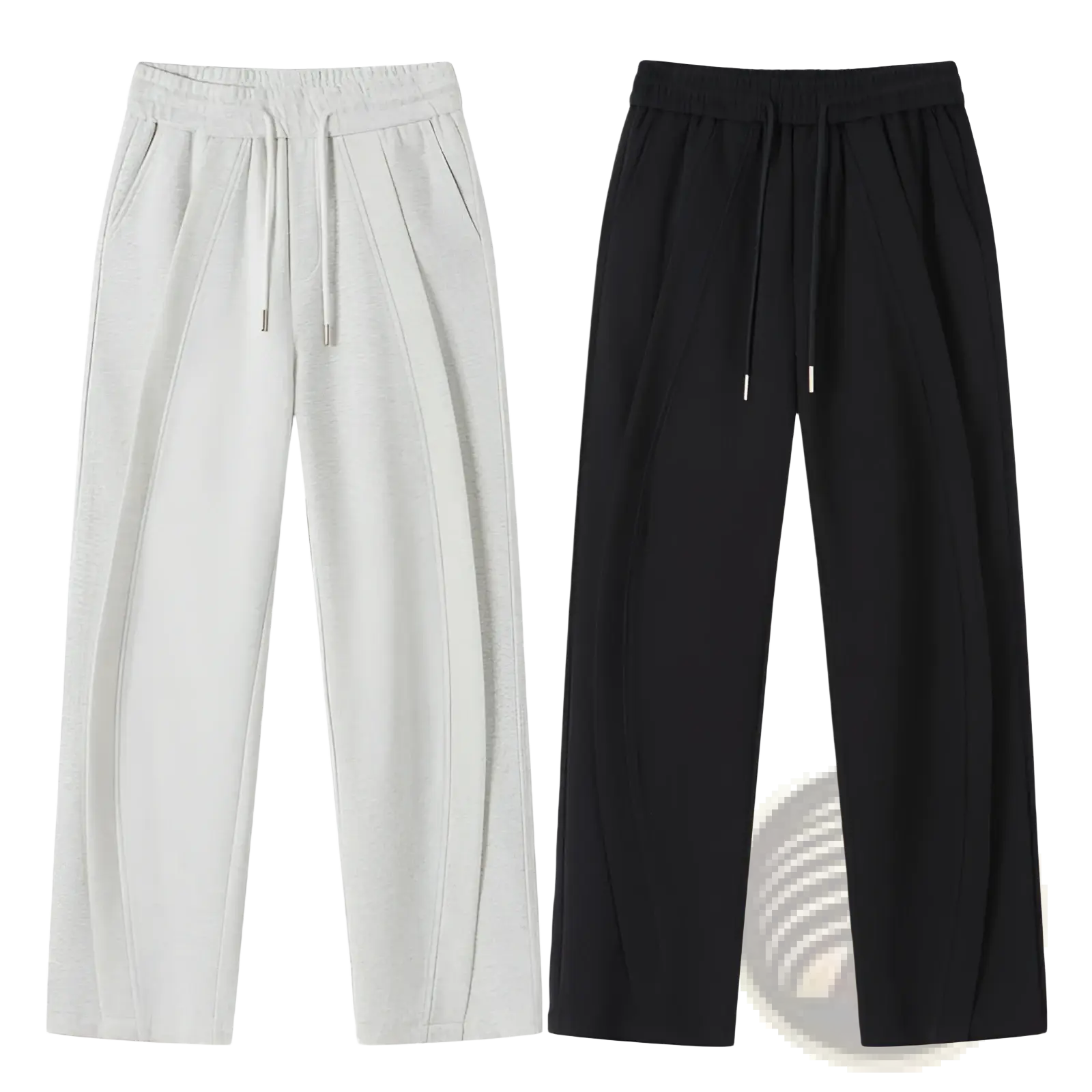 A pair of heavyweight straight leg sweatpants in heather gray and solid black with relaxed fit and drawstring waist