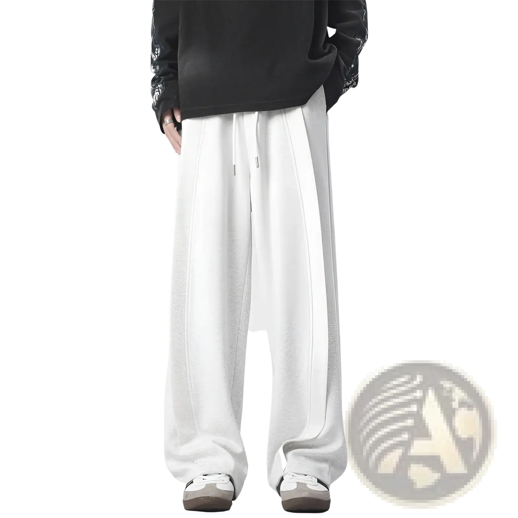 White heavyweight straight leg sweatpants with loose fit drawstring waist and subtle side seam detailing