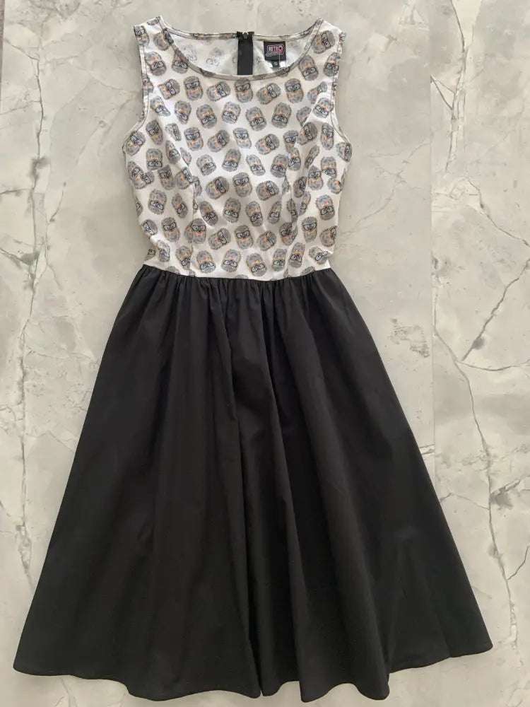 Vintage hedgehog print cotton twofer sleeveless dress with white skull bodice and solid black skirt with pockets