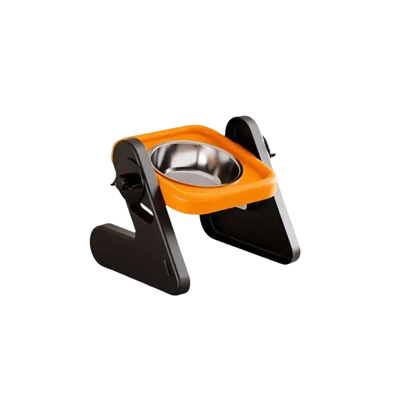 Adjustable height pet feeding stand with bright orange frame, black base, and stainless steel single bowl for easy feeding
