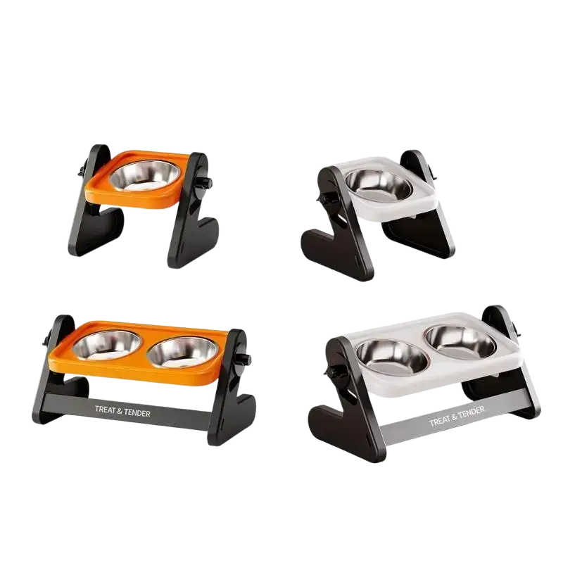 Height adjustable stainless steel pet feeding station with orange or white plastic base and treat & tender design