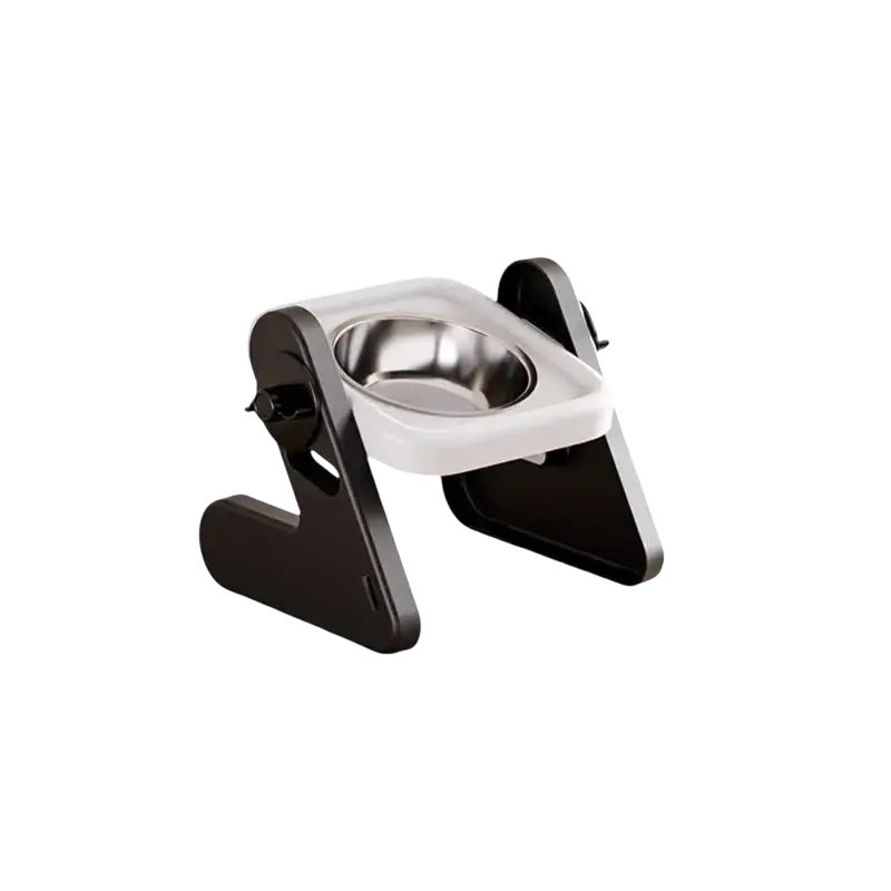 Height adjustable black and white pet feeding stand with stainless steel single bowl for easy feeding