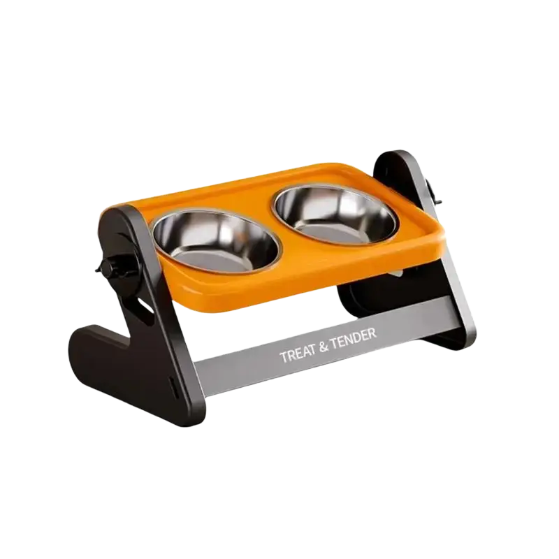 Orange and black height adjustable stainless steel pet feeding station with two bowls for convenient feeding