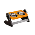 Orange and black height adjustable stainless steel pet feeding station with two bowls for convenient feeding