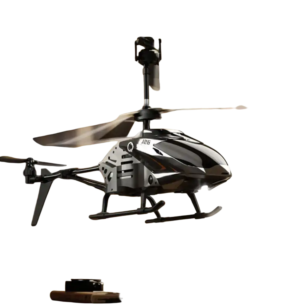 Black and silver metal alloy helicopter toy with usb charging socket and camera mounted on top for rc flight