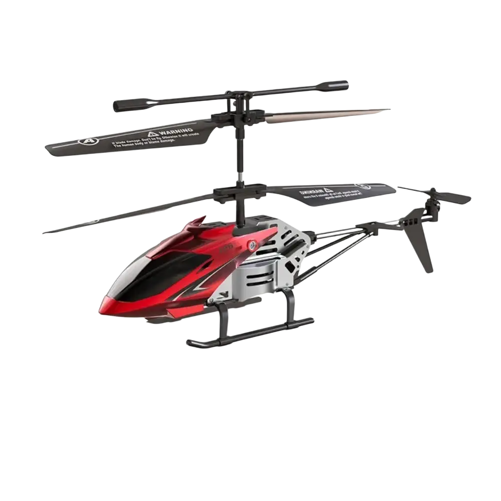 Red and black metal alloy helicopter toy with silver accents featuring usb charging socket for rc aircraft use