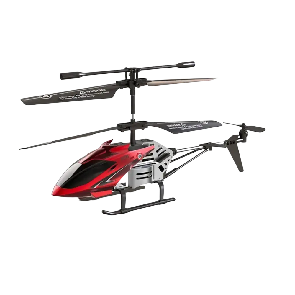 Red and silver metal alloy helicopter toy with black rotor blades and usb charging socket for rc aircraft use
